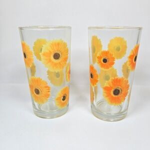 Vintage KIG Indonesia Sunflowers Daisies Drinking Glass Tumblers 10oz Flowers FG